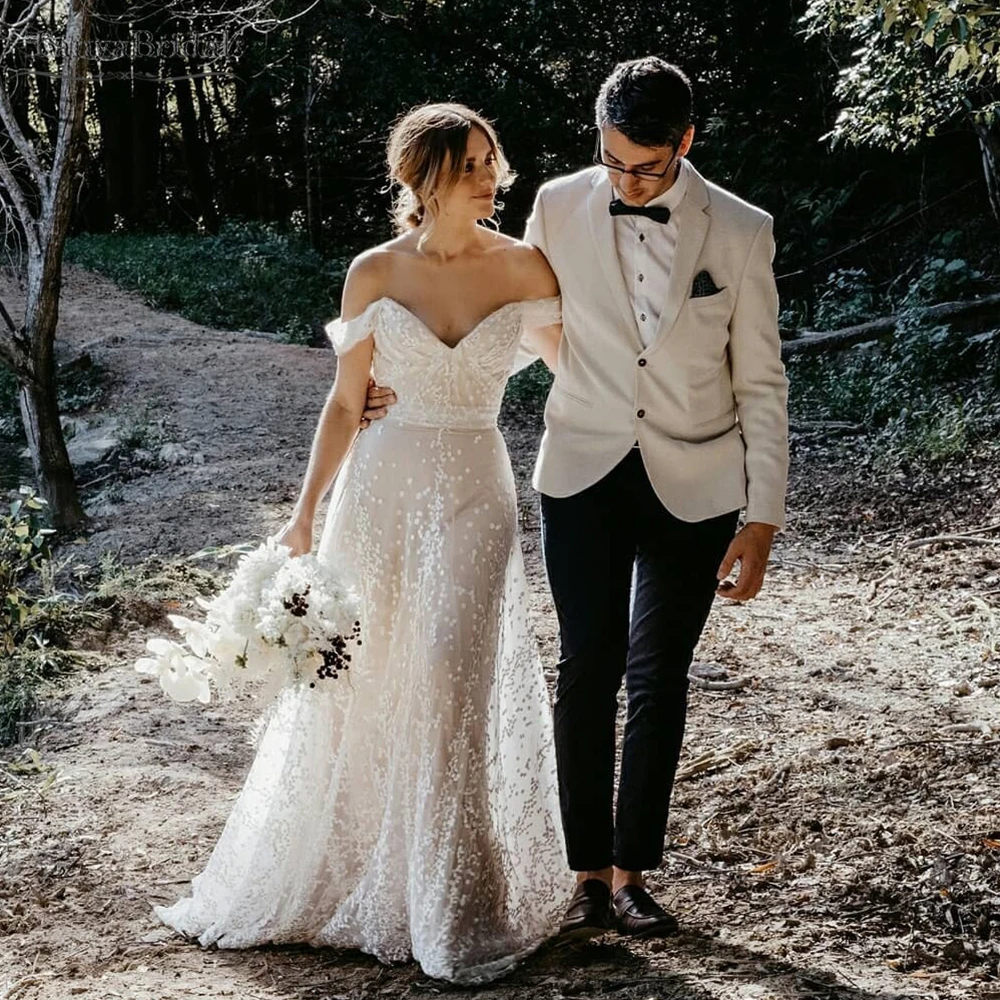 

Кружевные свадебные платья в горошек в стиле хиппи с открытыми плечами, свадебные платья трапециевидной формы, романтическое обручальное платье в стиле бохо, Vestido De Noivas DW532