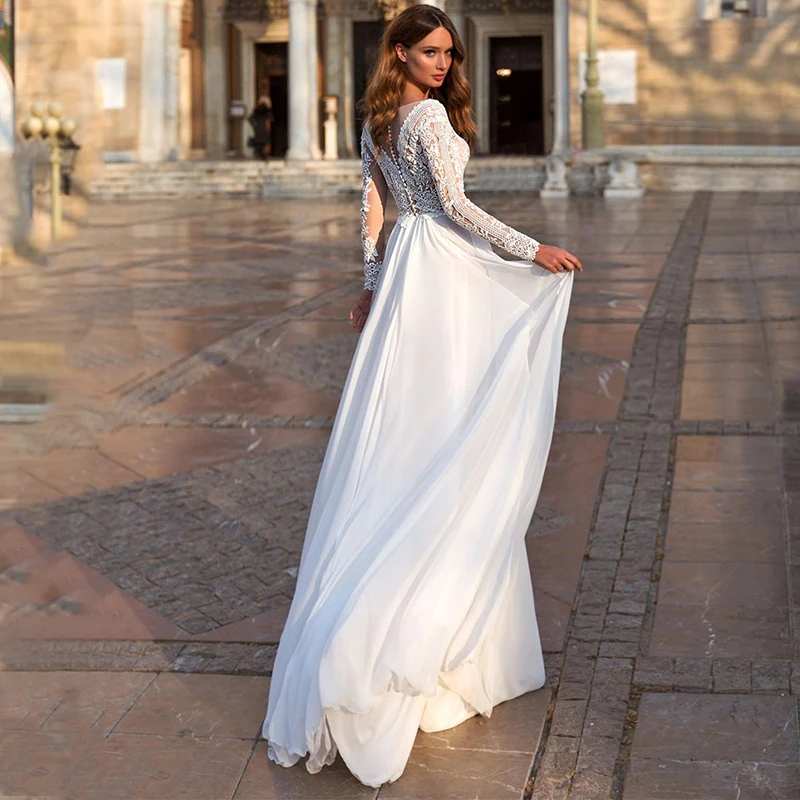 Fanweimei-vestido de novia de manga larga para playa, ropa Sexy con cuello en V, apliques de tren de barrido, vestidos de novia de gasa de encaje, 2021