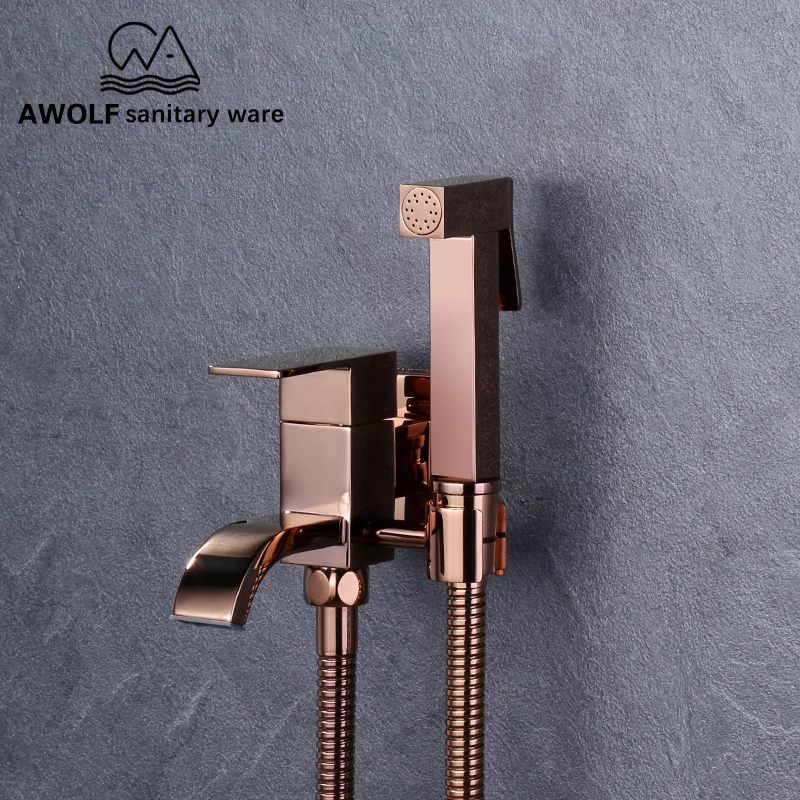 Shiny Rose Gold Toilet Hand Held Bidet Sprayer Douche Kit Shattaf Solid Brass Square Shower Head Self Washing AP2215