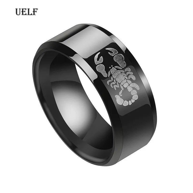 Uelf Punk Vintage Black Scorpion Pattern Mens Ring Stainless Steel Titanium Rings for Men Women Wedding Bands