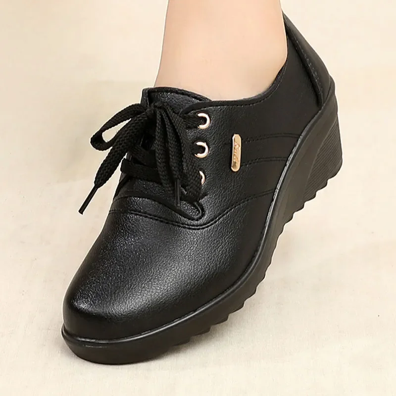 GKTINOO 2024 Spring Autumn Women\'s Leather Sneakers Platform Shoes Lady Wedge Casual Shoes Mother High Heels Lace-up Shoes