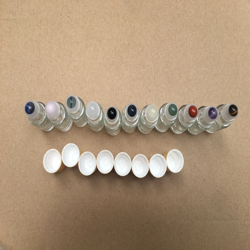 100pcs 5ML Empty gem Roller bottles transparent Thick Essential Oil glass bottle gemstone jade crystal roller plastic cap