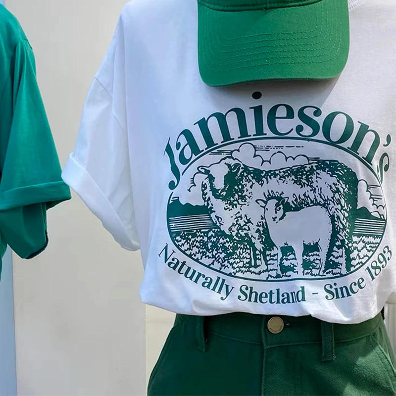 6024 America Jamieson Sheeps Printed Vintage 90s Tshirt female White Cotton Short Sleeve Graphic Tees Loose Kpop Women T Shirt