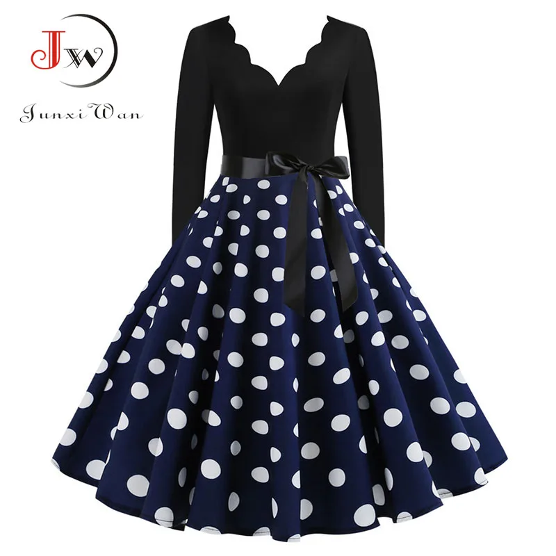 Women Long Sleeve Vintage Polka Dot Dress Pin Up Spring Autumn New Year Party Dresses 3XL Black Vestidos