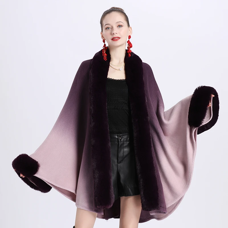 Fashion Gradient Dyeing Faux Rabbit Fur Coat Cape Good Knit Batsleeves Cardigan Long Overcoat Women Autumn Winter Cloak Wraps