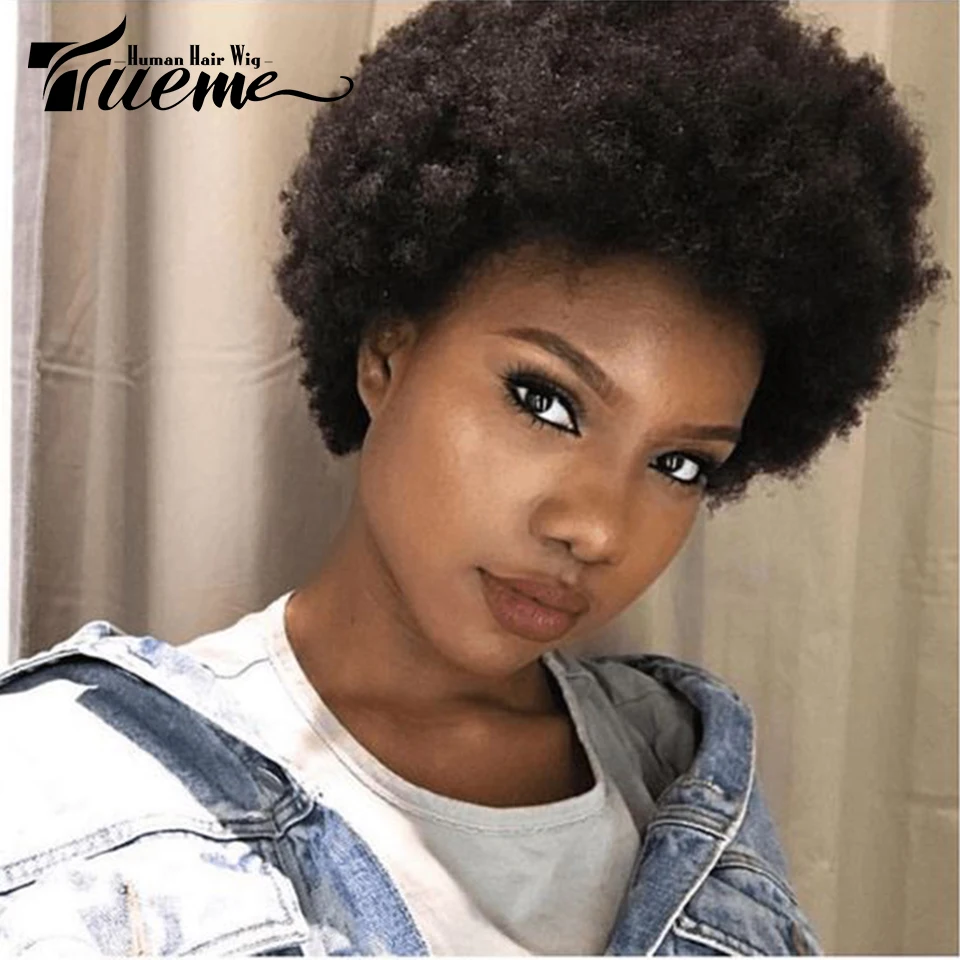 Trueme Cheap Short Afro Wigs For Black Women Brazilian Remy Human Hair Brown Red Wine Colors Bob Afro Kinky Curly Full Wig