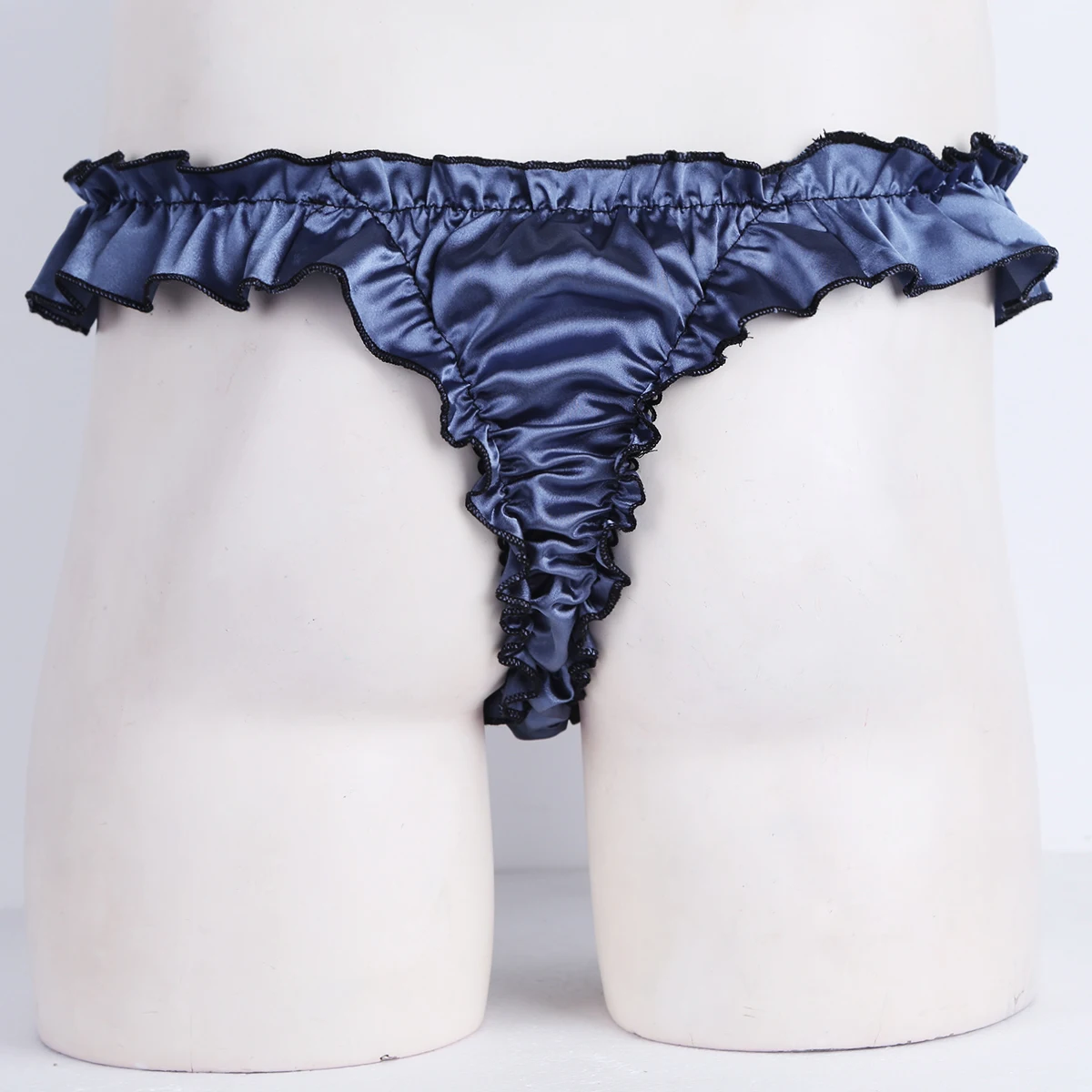 Mens Shiny Satin Sissy Ruffled Thong Briefs Low Rise Lingerie Soft Night Underwear Underpants Good Stretchy Bikini Panties