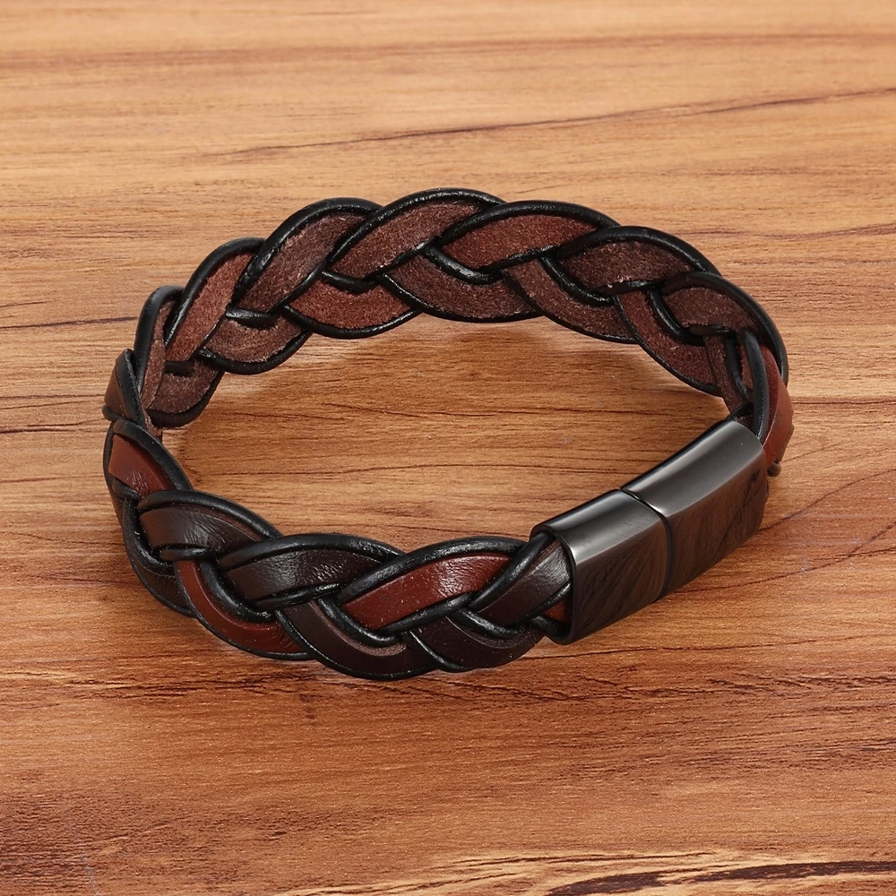 TYO New Fashion Braided Brown Leather Bracelet Men Jewelry Stainless Steel Magnetic Clasp Charm Bangles Male Wrist Band Gifts