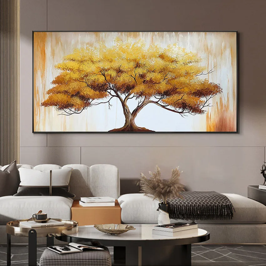 Decoración de pared de fondo personalizada para sala de estar, póster colgante de árbol dorado, Mural de dormitorio y Hotel, pintura al óleo Simple y moderna hecha a mano