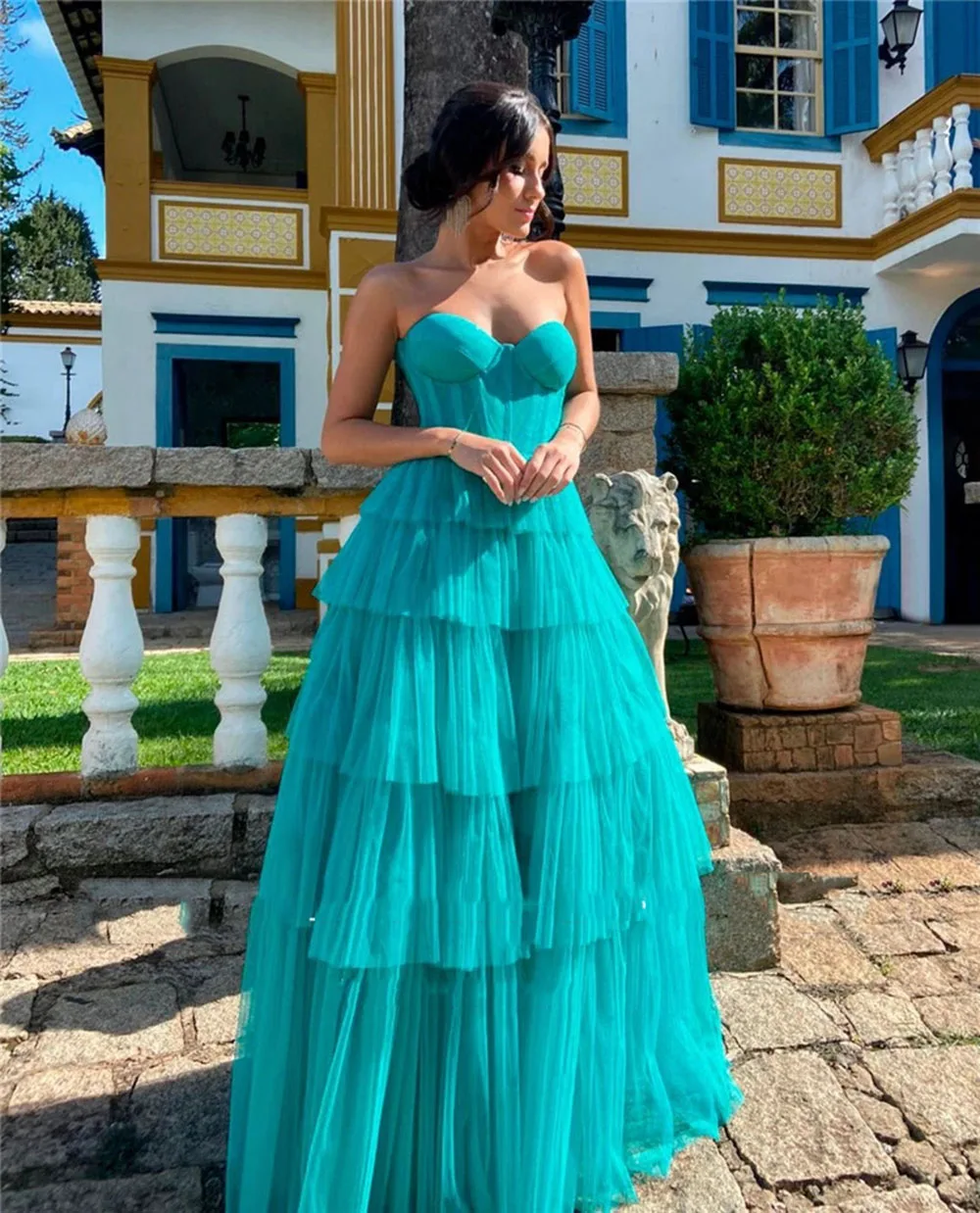 Eeqasn Modern Tiered Skirt Tulle Long Prom Dresses Sweetheart Formal Evening Party Gowns Plus Size Saudi Arabia Prom Gowns 2022