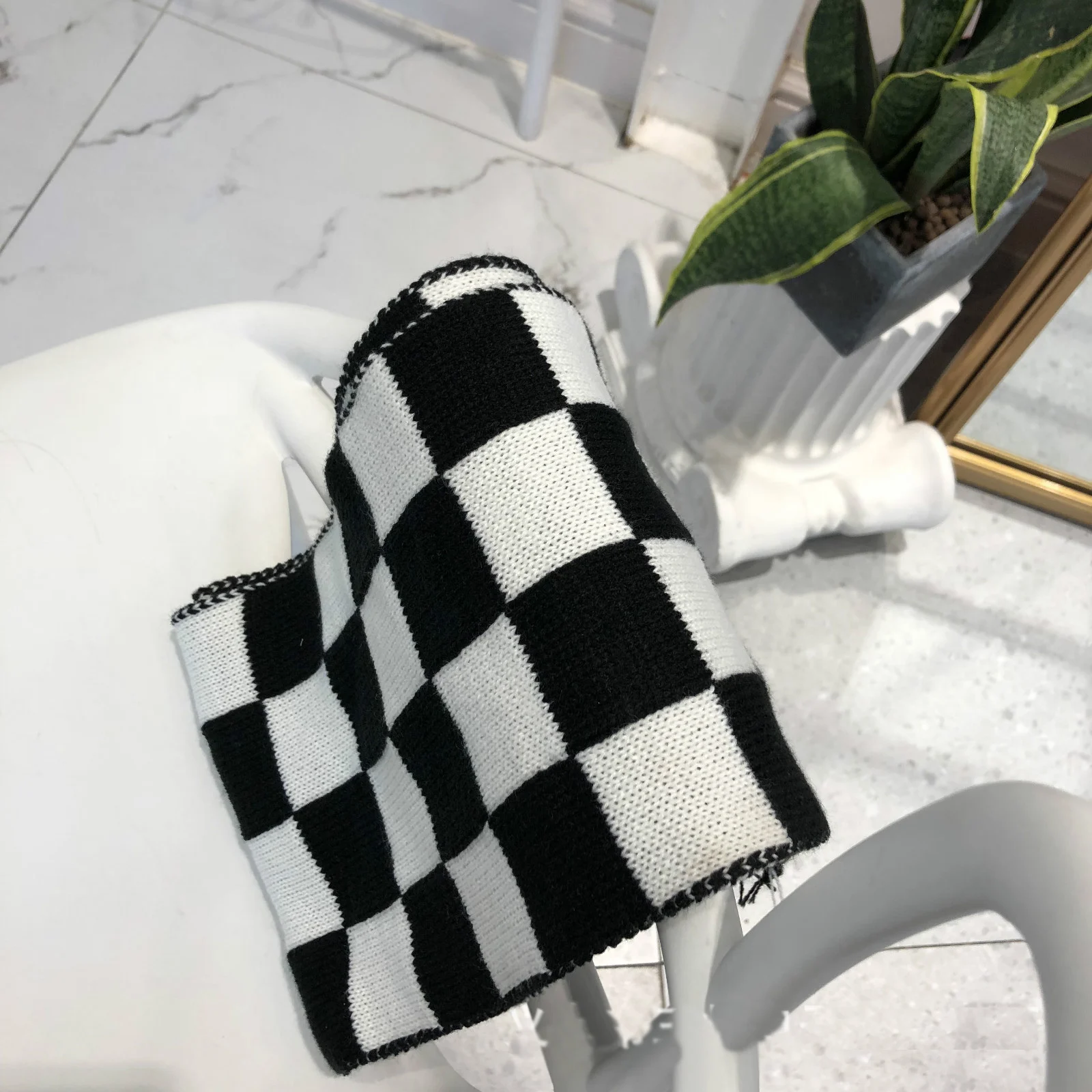 Écharpe Classique à Carreaux Noirs et Blancs pour Femme, Châle Pashmina à la Mode, 30x170 cm