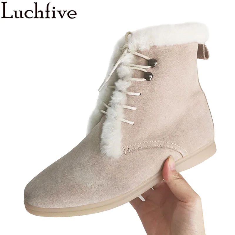 Natural Fur Snow Boots for Women Suede Leather High-help Lace up Flat Ankle  Boots Comfortable Wool Warm Winter Boots Mujer