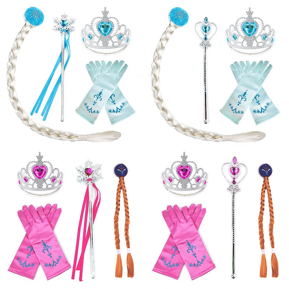 5-8 Pcs Set Elsa Anna Costume Blue Rose Yellow Pink Color Princess Accessories Crown Magic Wand Gloves Braid Halloween Dress Up