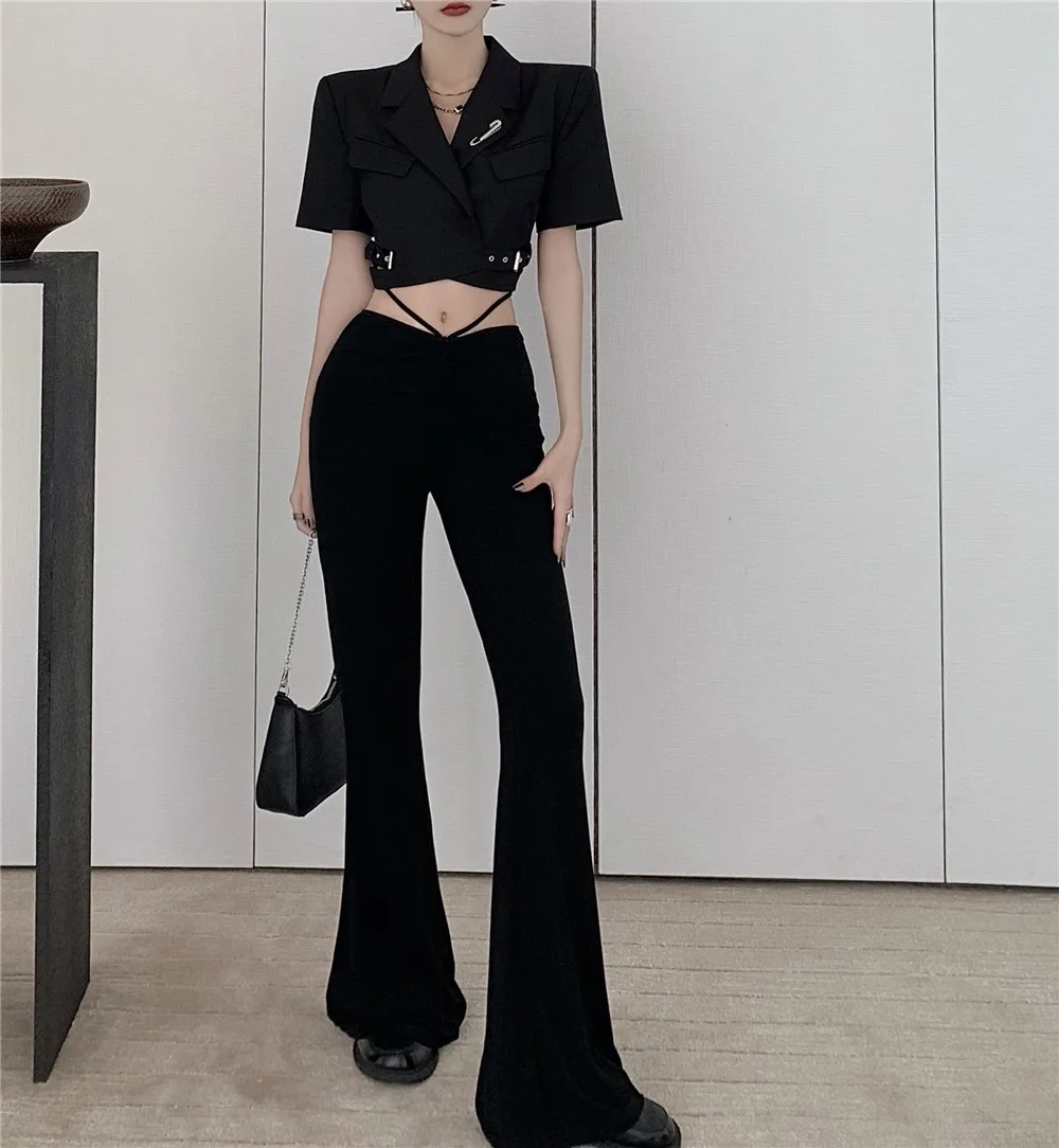 

Fashion Black 2-piece Suit Women Street Cool Girl Blazers Crop Tops + Drawstring V-waist Flare Pants Sets Woman 2021 New