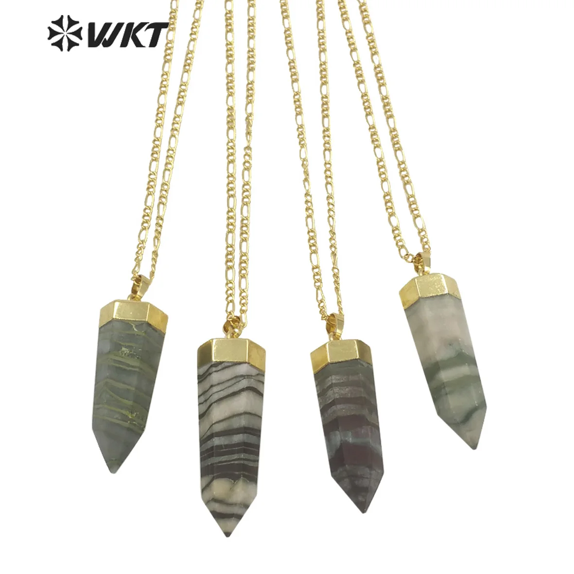 

WT-N1301 Wholesale long Energy Spirit quartz point necklace gold fashion Natural hexagon stone pendant necklace