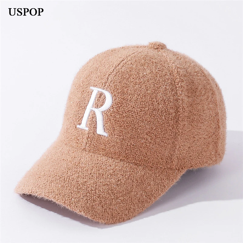 

USPOP 2021 New Winter Caps Letter Embroidery Baseball Cap Casual Mink Plush Warm Caps