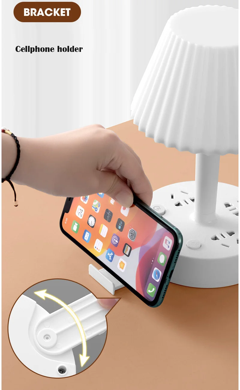 Power Strip+Table Lamp+Cellphone Holder Mutifunction 3 AC Outlets and 2 USB Charging Ports 2500W/10A Overload Protection