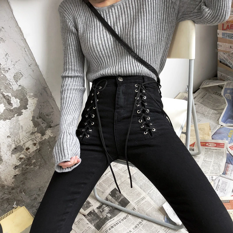 2022 New Slim Black Pencil Pants Jeans Women Fashion Lace-Up Zip Ankle-length Pants Female High Waist Jeans Skinny sexy KZ891