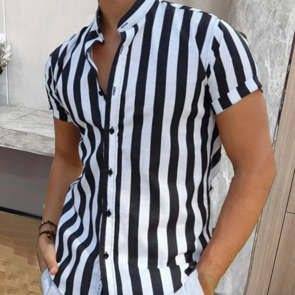 Men Shirt 2022 Short Sleeve Shirt Stripes Pattern All-match Stand Collar T Shirts for Men Sleeve Casual Shirt Blouse Top рубашка