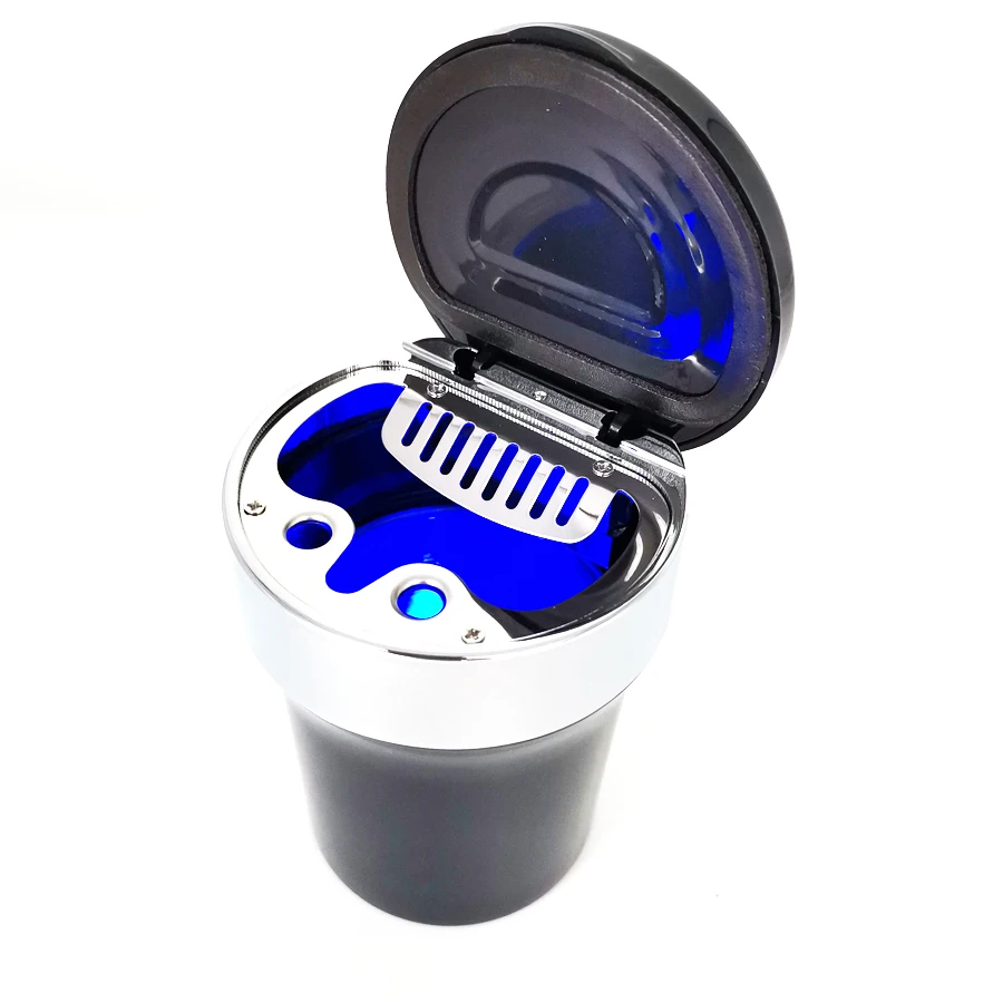 Car Ashtray Portable Smokeless with Compass Cover Inner Blue LED Light Indicator Universal Cup Holder