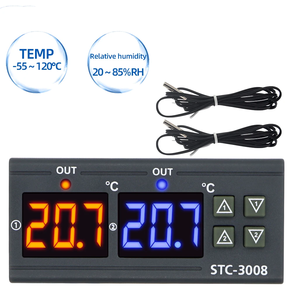 

STC-3008 Digital Temperature Controller AC 110V 220V DC 12V 24V Dual Hygrometer Heating Cooling Two Relay Output AC Relay