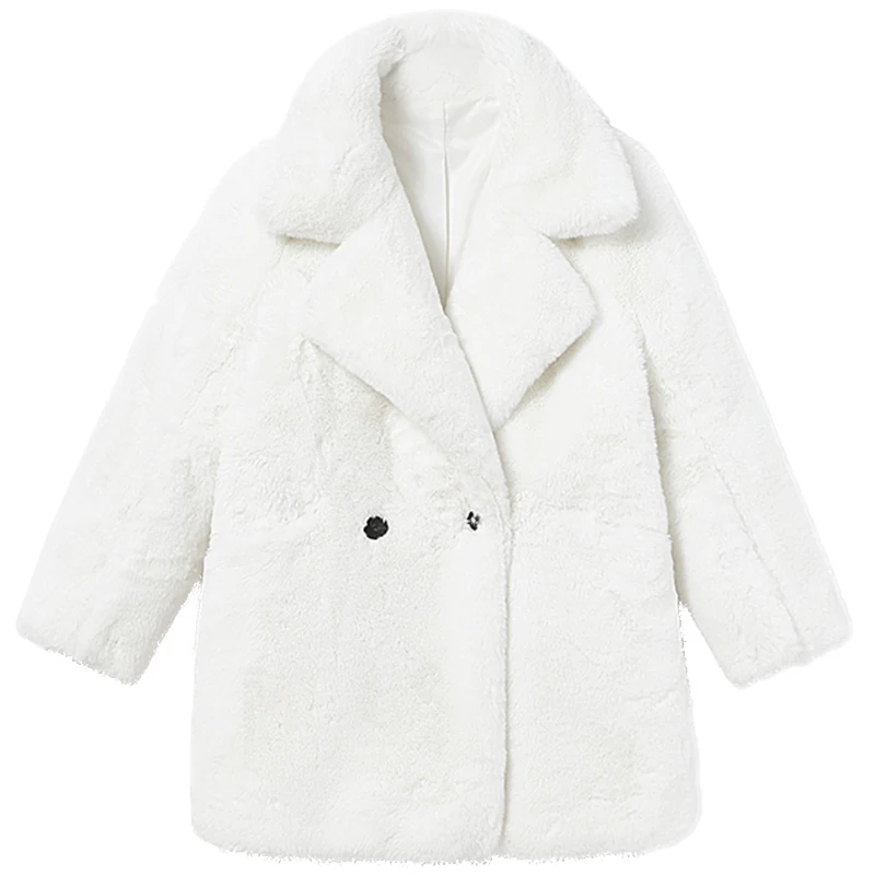 Lautaro Winter Warm White Faux Fur Coat Women Long Sleeve Lapel Double Breasted Luxury Elegant Fluffy Fake Rabbit Fur Blazers