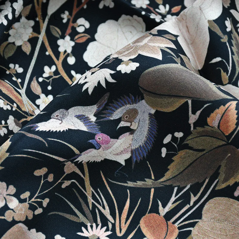 Chinese classic black natural twill silk scarf 90cm printed birds100% real silk scarves women luxury bandana shawl gift for lady