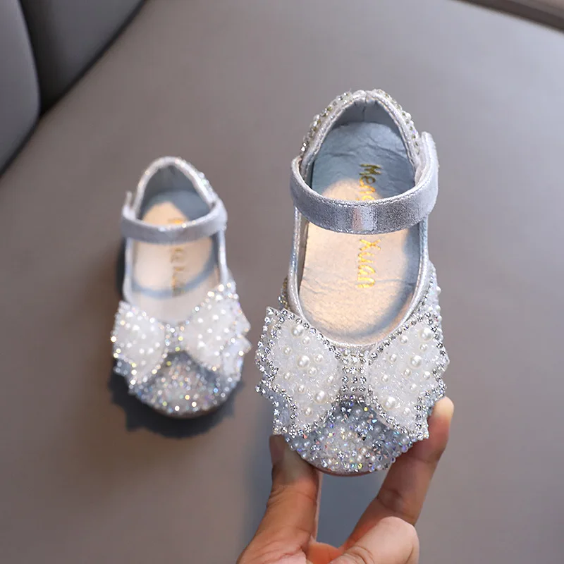 Spring Girls Leather shoes Fashion Children Performance Wedding Shoes Princess Square Rhinestone Bow Single Shoes G14