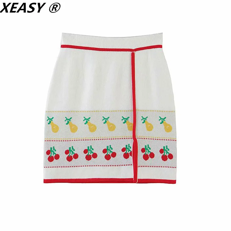 XEASY kobiet 2021 garnitur moda lato Knitting wiśni z krótkim rękawem Top + w stylu Vintage kobiet wysoka talia podziel widelec spódnica 2-sztuka