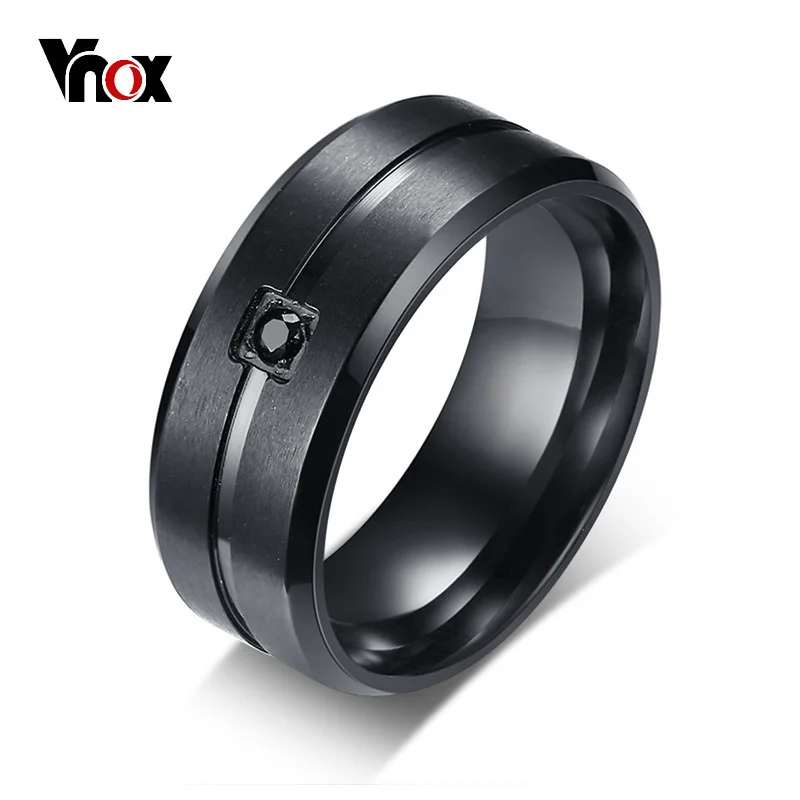 Vnox Men\'s Wedding Brand Ring Stylish Black Two Lines 8MM Stainless Steel Matte Rings for Men Inlaid AAA Cubic Zirconia