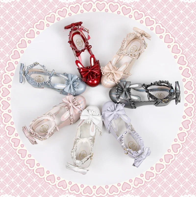 Japanese kawaii girl sweet lolita shoes vintage round head women shoes cute lace bowknot rabbit ears kawaii shoes loli cosplay