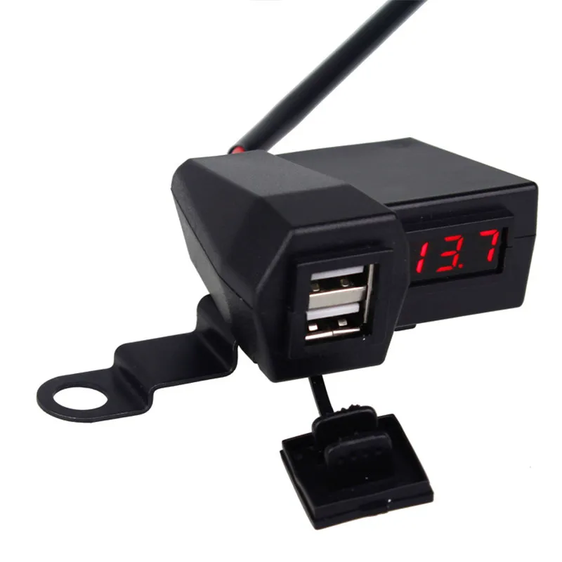 Pengisi Daya Mobil Aksesori Motor 3.1A USB Ganda Pemantik Rokok Voltmeter Tampilan Kabel Tahan Air 60CM Adaptor USB Ganda