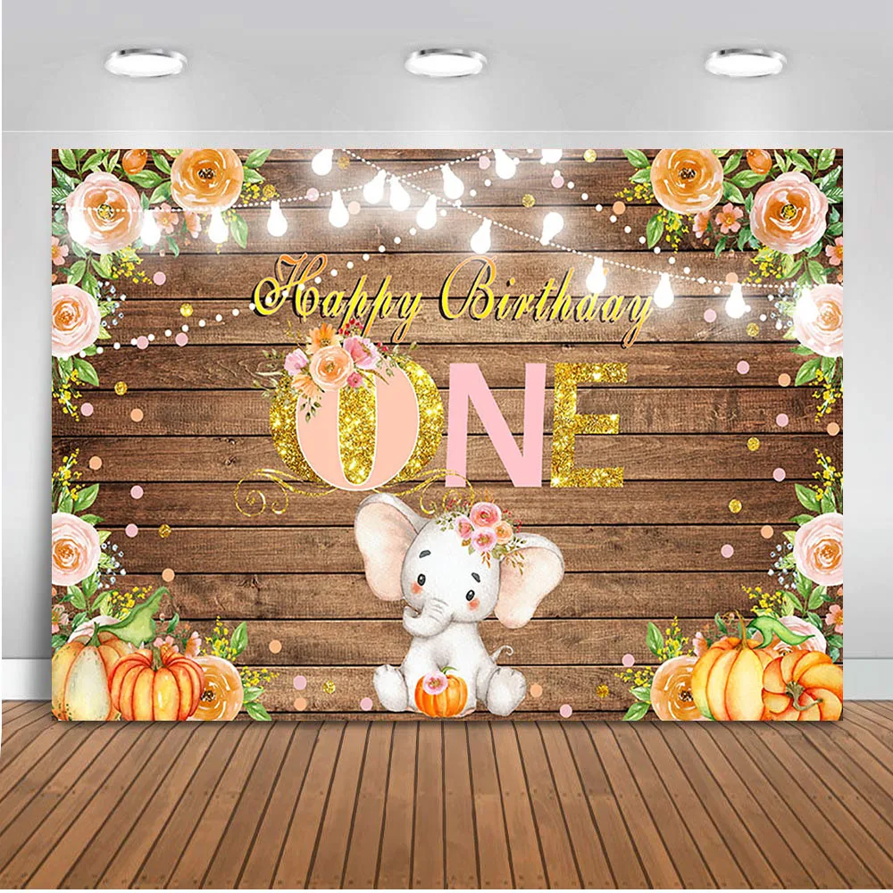 

Elephant baby shower backdrop for photography First One birthday party background for photo studio wood floor pumpkin glitter