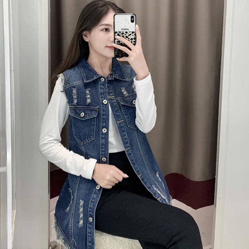 S-6XL Women Denim Vest Sleeveless Ripped Single-Breasted Waistcoat Spring Autumn Casual Midi-Length Jean Vest Coat