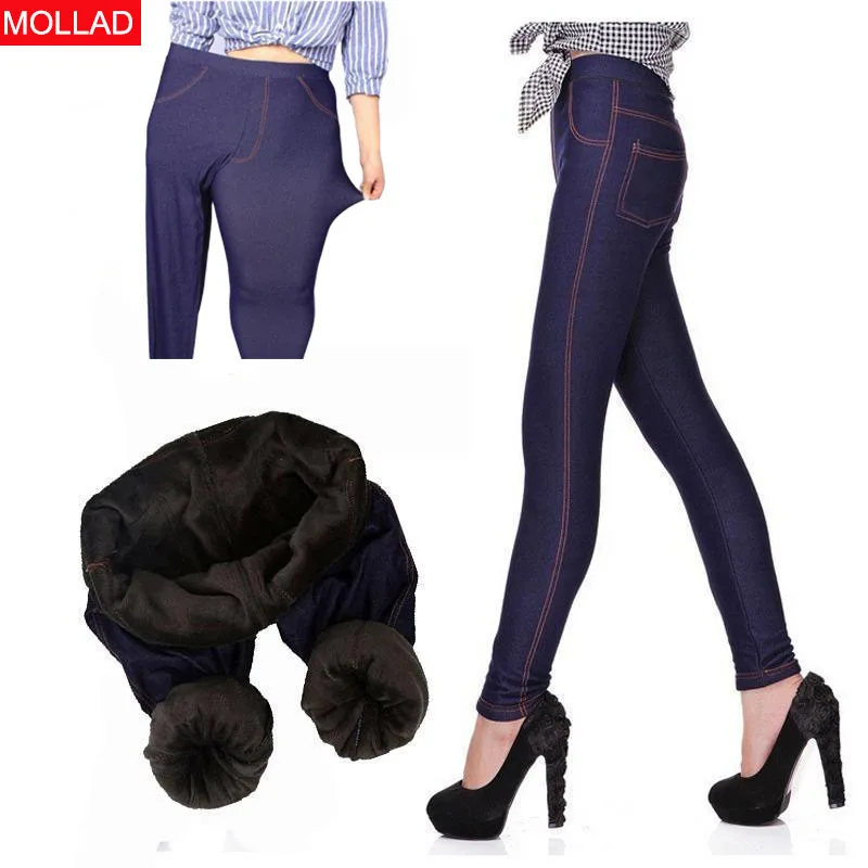 Mallas ajustadas de cintura alta para mujer, Jeggings gruesos, pantalones cálidos de talla grande, forro polar en el interior, pantalones de lápiz Push Up de mezclilla sintética, Invierno