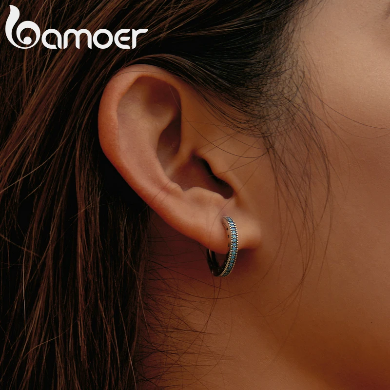 Bamoer حقيقية 925 فضة الأزرق الفيروز الجوف ستار هوب أقراط للنساء هندسية الفضة الأذن أبازيم مجوهرات هدية #5