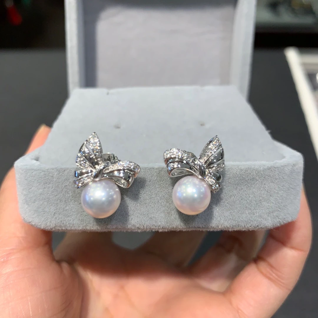 8MM natural sea water pearl stud earring akoya japan 18K white gold with diamond bowknot stud earrling classic genuine jewelry