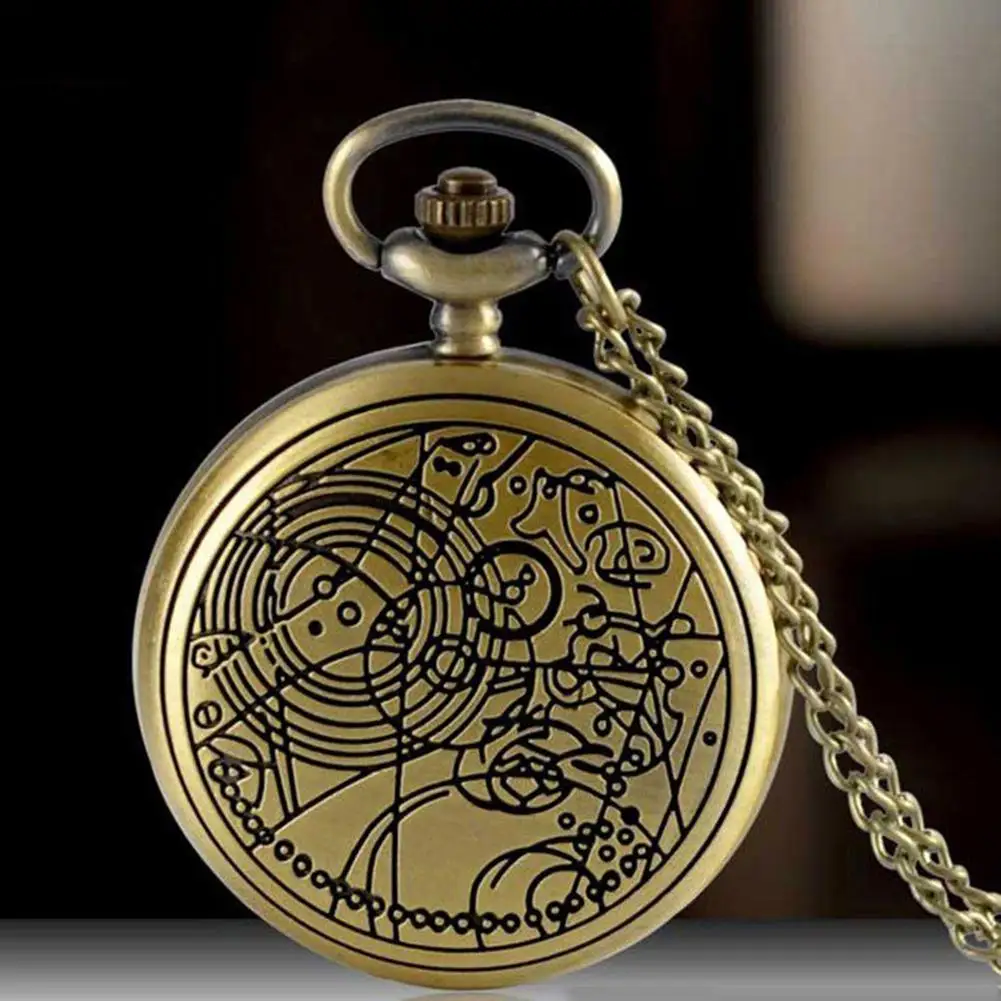 Retro Bronze Geometric Pattern Pocket Watch Quartz Chain Pendant Necklace Gift