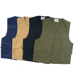 OK8405 Vintage Canvas Cargo Vest Men Streetwear Hip Hop Slim Fit Multi-Pocket Button Solid Color Simple Denim Tooling Waistcoat