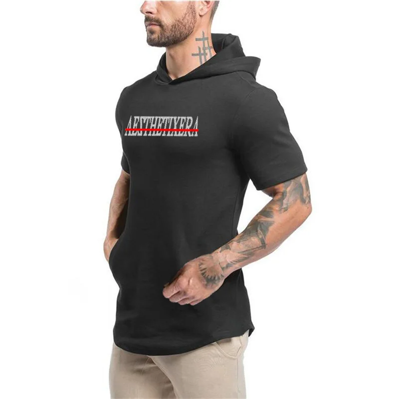 New Brand Cotton Casual Gyms Clothing Fitness Mens Fashion Sports Hip Hop Summer Bodybuilding Muscle Hooded Short Sleeve T-shirt