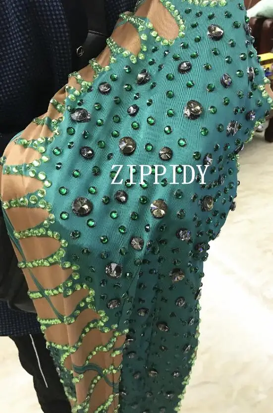 Fashion Rhinestones Green Nude Jumpsuit Sexy Stretch Dance Bodysuit Performance Party Celebrate  Stage Show Costume Wear