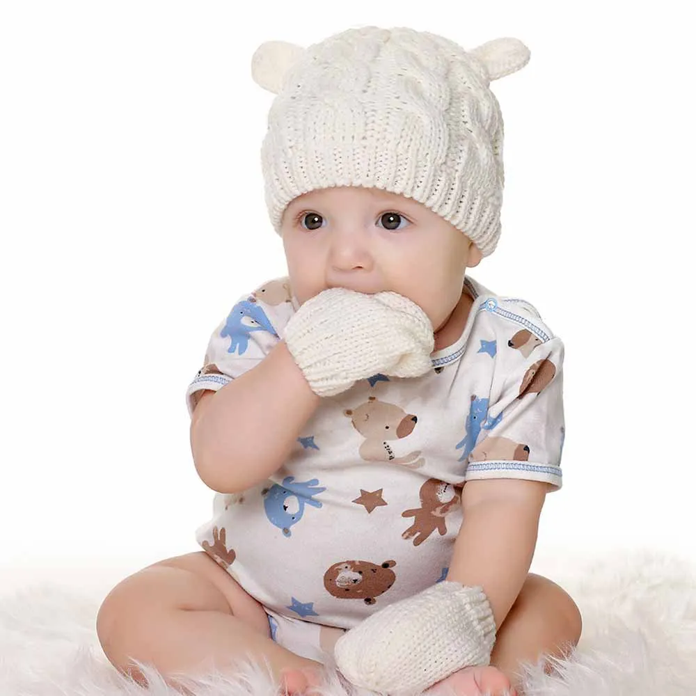 1set Baby hat Kids Girls Boys Winter Warm Knit Hat Ear Solid Warm Cute Glove 2pcs Lovely Cap 0-18M