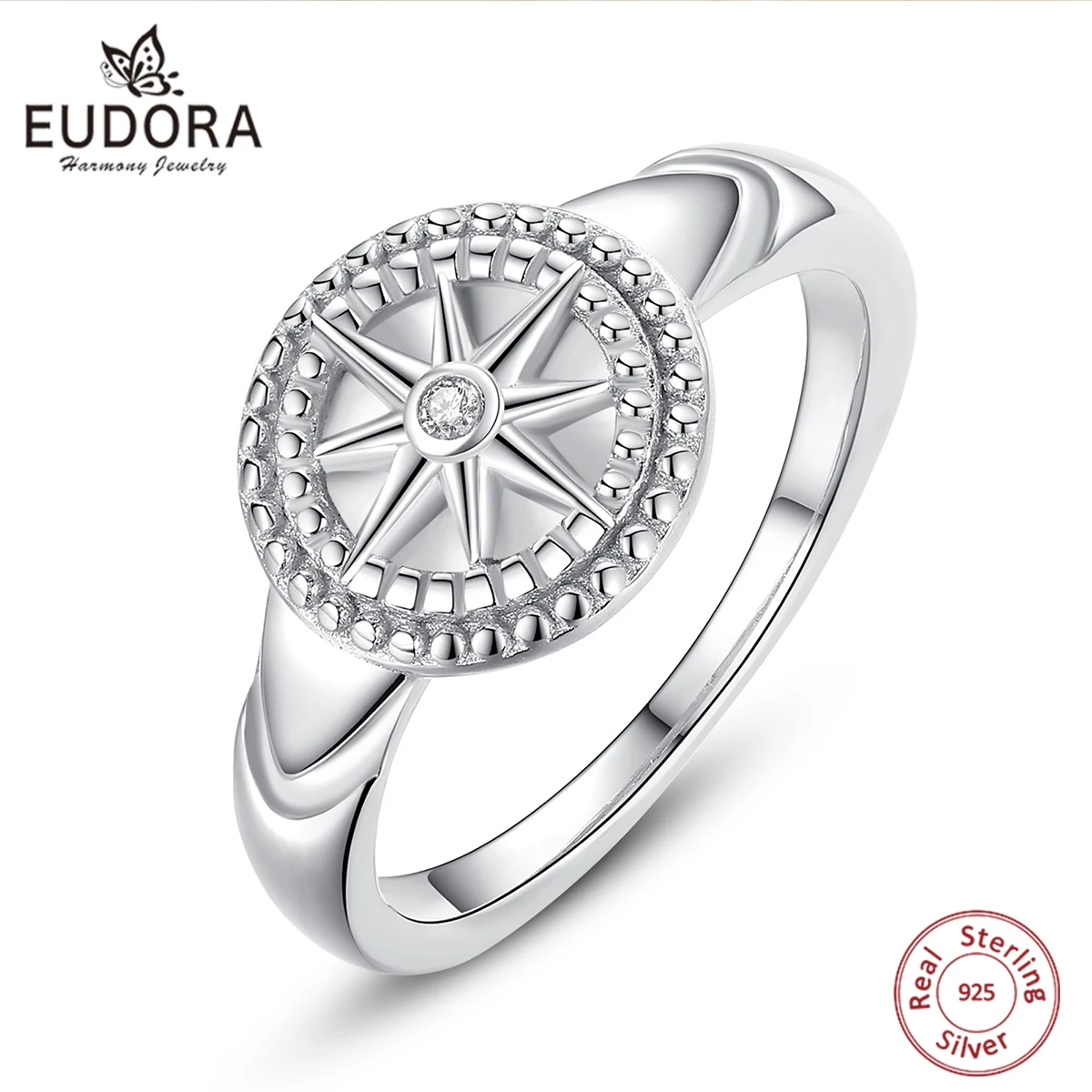 Eudora 925 Sterling Silver North Star Starburst  Signet Ring Creative Round Rings Finger Simple Fashion Women's Jewelry Gifts