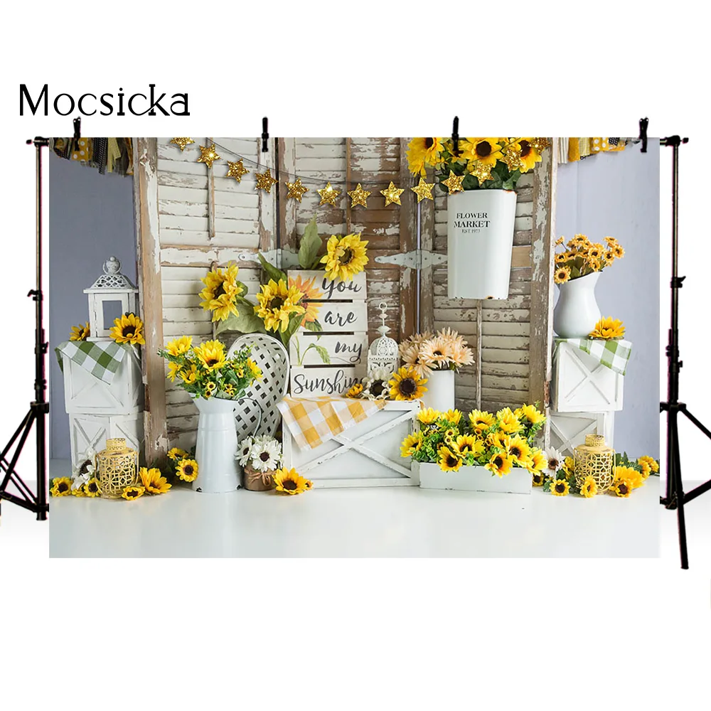 Newborn Sunflower Theme Birthday Portrait Backdrop Flower Market Baby Children Cake Smash Dessert Banner Garden Photo Booth Prop