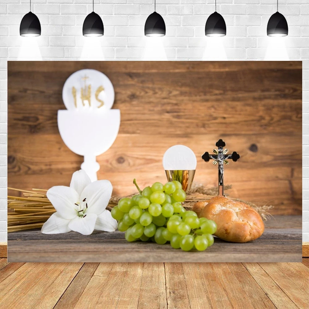 Holy Communion Cup Christian Grape Bread Cross Photography Backdrops Photographic Background For Photo Studio Shoot Photocall