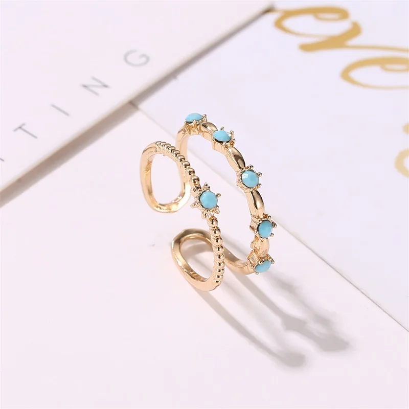 Double-Layer U-Shape Simple Adjustable Blue Rhinestone Metallic Golden Beads Copper Index Finger Open Rings for Women