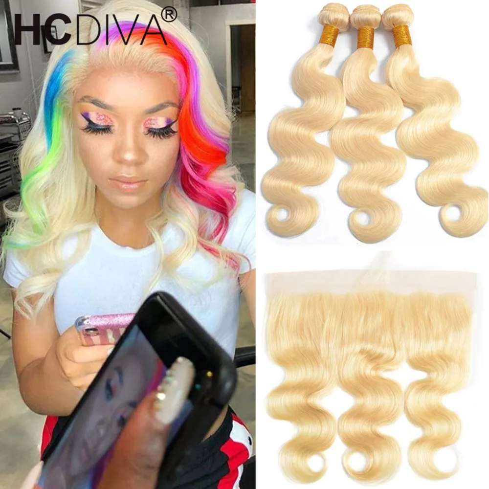 613 Bundles With Frontal Blonde Brazilian Body Wave 3 Bundles With 13x4 Frontal Remy Blonde Human Hair Lace Frontal Closure