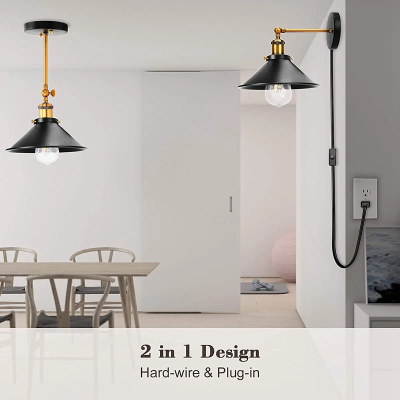 Vinatge-candelabro de pared para Loft, lámpara con enchufe, cable de 1,8 M, luz Industrial negra para el hogar, accesorios para sala de estar y