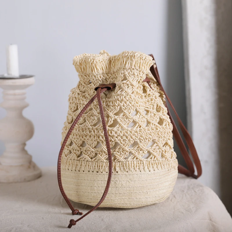 

Straw Bag Female Summer Vacation Beach Shoulder Bag Small Bucket Women Portable Crossbody Bags Fashion Drawstring Woven Handbag