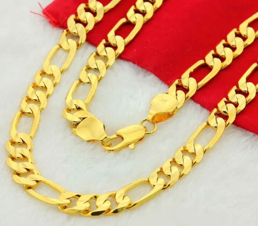 pure gold color men chain necklace jewelry,plated 24k Gold 10mm heavry figaro chain necklace for men 20” 22\